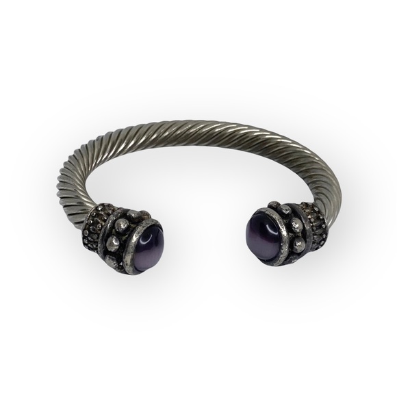 Vintage: Purple Cats Eye Cabochon Gems ❁ Twisted Silver Cable Bangle Bracelet ❁ - Picture 15 of 16